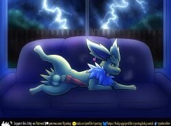 absurd_res animal_genitalia animal_penis balls canine_genitalia canine_penis cloud digital_media_(artwork) eeveelution electricity fan_character fence feral fur furniture generation_1_pokemon genitals grass hi_res inside jolteon lightning lightning_bolt looking_at_viewer lying lying_on_sofa male mammal nintendo on_side on_sofa penis plant pokemon pokemon_(species) presenting presenting_balls presenting_penis raining rymherdier shaded smile sofa soft_shading solo water window yellow_body yellow_fur