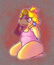 2024 anthro ass blush bound bowser clothing cosplay crown digital_drawing_(artwork) digital_media_(artwork) duo erection hair headgear hi_res jellybeankofi jewelry kamek koopa magikoopa male male/male mario_bros nervous nervous_smile nintendo pink_clothing princess royalty scalie shadow simple_background smile swimwear turned_on
