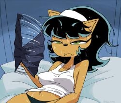 animal_ears animal_nose anthro bed black_hair black_panties blush body_fur breasts closed_mouth clothing coolerinker covered_nipples domestic_cat electric_fan fanning_self felid feline felis female female fur furry furry_female green_eyes hair hairband half-closed_eyes hand_fan holding hot indoors inker_comics inkershike kitty_katswell large_breasts long_hair lying mammal medium_breasts medium_hair navel on_back on_bed panties pantsu shirt solo sweat t.u.f.f._puppy tank_top topwear underwear white_hairband white_tank_top