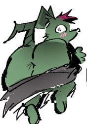 anonymous_artist anthro anus ass assisted_exposure backsack balls big_butt biizziiy blush bubble_butt femboy fur genitals green_body green_fur highlights_(coloring) male male/male mammal mouse murid murine pantsing rodent shocked solo spiral spiral_eyes