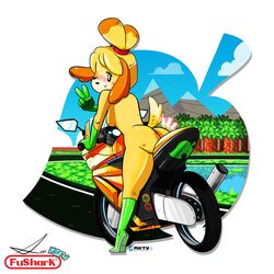 alternate_body_type alternate_breast_size animal_crossing anthro ass bell black_eyes blonde_hair blush boots breasts canine casual day exposed_torso female female_only footwear furry fushark gloves handwear isabelle_(animal_crossing) looking_at_viewer looking_back mario_(series) mario_kart mario_kart_8 motorcycle nintendo nude outdoors ponytail short_hair sideboob smile snow solo tail tattoo tied_hair v vehicle wink yellow_fur