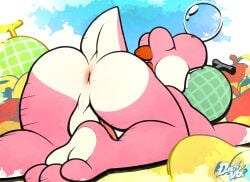 3_toes anthro anus ass_up balls bodily_fluids bubble closed_eyes dustythebat feet food fruit genitals hi_res male mario_bros nintendo nude perineum pink_body pink_skin pink_yoshi plant sleeping snot snot_bubble solo toes white_body white_skin yoshi