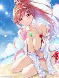 1girls alluring bare_shoulders beach big_breasts bikini chest_jewel cleavage core_crystal_(xenoblade) glimmer_(xenoblade) high_ponytail high_res long_hair navel ponytail red_hair swept_bangs swimsuit ui_frara xenoblade_(series) xenoblade_chronicles_3 xenoblade_chronicles_3:_future_redeemed