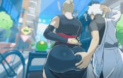 ! 1boy 1girls ? animated animated_gif ass ass_grab blonde_hair clothed clothed_female clothed_male clothes clothing female gif gintama gintoki_sakata gold_trim grabbing_another's_ass grabbing_ass grabbing_from_behind groping huge_ass long_hair looking_back male male/female manilla molestation short_hair tsukuyo white_hair