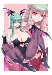 1girls absurd_res bat_print big_breasts blue_eyes blush breasts bridal_gauntlets capcom cleavage darkstalkers dogs_(dlrkdejr26) female female_only green_hair grin grinning_at_viewer head_wings heart_cutout heel_boots leotard long_hair looking_at_viewer morrigan_aensland pantyhose pink_nail sitting smiling smiling_at_viewer solo succubus succubus_wings thick_thighs wings
