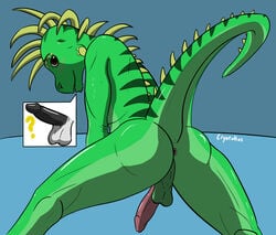 1boy anthro anus ass balls blush crystallos erection iguana lizard looking_at_viewer male male_only nude open_mouth penis pinup pose reptile scalie simple_background solo