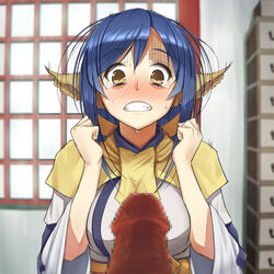 1boy 1girls animal_ears blue_hair blush censored clenched_teeth female kuon_(utawarerumono) light-skinned_female light_skin mob3 mosaic_censoring penis penis_awe solo tears traditional_clothes utawarerumono utawarerumono:_itsuwari_no_kamen window yellow_eyes