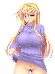 absurdres alternate_costume ass_visible_through_thighs blonde_hair blush bottomless breasts clothes_lift cowboy_shot female hair_over_breasts highres large_breasts long_hair long_sleeves looking_at_viewer mokkori9 mouth_hold naked_sweater no_hat pocky_day pubic_hair purple_eyes pussy ribbed_sweater sidelocks simple_background solo sweater sweater_lift thighs touhou turtleneck very_long_hair white_background yukari_yakumo