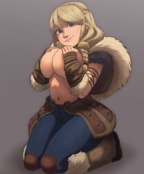 1girls astrid_hofferson blonde_hair blue_eyes braid breasts clothing coolerinker covering_breasts covering_privates female female_only fur_trim how_to_train_your_dragon inker_comics inkershike knee_pads kneeling large_breasts lips long_hair looking_at_viewer navel pants seiza sitting smile solo topless