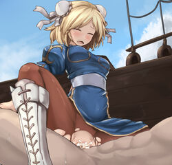 1boy 1girls blonde_hair blue_dress blush boots brown_legwear bun_cover censored china_dress chinese_clothes chun-li_(cosplay) closed_eyes cosplay cowgirl_position cross-laced_footwear djeeta_(granblue_fantasy) double_bun dress female granblue_fantasy human kasuka male pantyhose pelvic_curtain penetration puffy_short_sleeves puffy_sleeves saliva sex short_hair short_sleeves side_slit solo_focus straight street_fighter tears torn_clothes torn_pantyhose vaginal_penetration white_boots