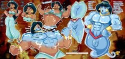 abs aladdin biceps black_hair bulge cock cock_growth disney earrings female ftm_transformation gender_transformation genderswap_(ftm) genie genie_transformation hands_on_hips headband magic_lamp male miraimiru muscle_growth muscles pecs penis penis_growth princess_jasmine tagme text transformation_through_magic transgender why