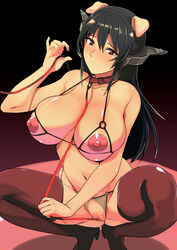 animal_ears black_hair blush bra breasts collar crotchless_panties cupless_bra curvy dog_collar dog_ears fat_mons female headgear highres huge_breasts kantai_collection leash long_hair looking_at_viewer nagato_(kantai_collection) navel nipples panties pussy red_eyes saru_ass solo squatting strap_gap thighs underwear