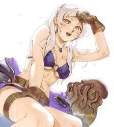 :d abinosu0903 alluring arm_up belt bikini braid breasts brown_belt brown_gloves cleavage collarbone commentary_request female fire_emblem fire_emblem_awakening fire_emblem_heroes fire_emblem_warriors flower flower_necklace gloves high_res intelligent_systems jewelry knees long_hair medium_breasts navel necklace nintendo o-ring o-ring_bikini o-ring_top octopus official_alternate_costume open_mouth purple_bikini robin_(fire_emblem) robin_(fire_emblem)_(female) robin_(summer)_(fire_emblem)_(female) simple_background sitting skindentation smile swimsuit teeth thighs tongue twintails under_boob upper_teeth_only wet white_background white_hair