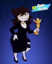 2025 annoyed annoyed_expression award big_breasts breasts cleavage dark_brown_hair dress earrings fortnite glasses hair heels jaiden jaiden_animations jaiden_dittfach necklace storytime_animation vaz0v white_skin youtube youtuber