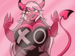 1girls 2022 against_glass against_surface against_wall alternate_breast_size artist_name bangs big_breasts black_lipstick breast_press breasts_on_glass busty cleavage clothed clothed_female clothing curvaceous curvy demon demon_girl demon_horns demon_humanoid dress fangs female front_view gigantic_breasts hair hands_on_glass helluva_boss hi_res horn horned_humanoid horns huge_breasts humanoid large_breasts licking_glass lipstick long_hair long_tongue looking_at_viewer open_mouth pink_body pink_eyes pink_hair pink_skin signature smile smiling smiling_at_viewer solo teeth tongue tongue_out upper_body verosika_mayday_(helluva_boss) white_hair wide_hips yellow_sclera yinseiryu