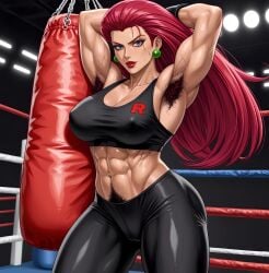 ai_generated armpit_hair armpits athletic athletic_female boxer boxing boxing_gloves boxing_ring deergirlfit excessive_pubic_hair female female_pubic_hair fitness fitness_influencer fitness_model fully_clothed hairy hairy_armpits hairy_pussy jessie_(pokemon) muscles muscular muscular_female pokemon pubic_hair pubic_hair_peek pussy red_hair strong_female toned toned_body toned_female toned_stomach