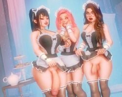 1girls 2futas 3d big_breasts big_penis black_hair breasts brown_hair cock_growth female french_maid futa_transformation futanari glasses intersex maid maid_outfit maid_uniform milkies penis pink_hair size_comparison size_difference small_breasts thick_thighs