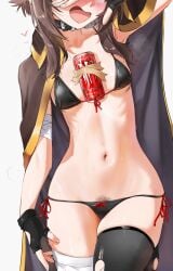 abdomen belly belly_button bikini breasts brown_hair female female_only kono_subarashii_sekai_ni_shukufuku_wo! konosuba megumin monster_energy only panties petite petite_body petite_breasts petite_female petite_girl pubic_hair pubic_hair_peek red_eyes skinny skinny_girl summer thighs waligner
