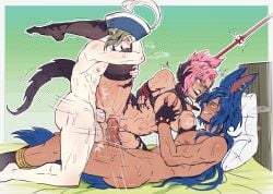 1girls 2boys abs anal angry black_makeup blonde_hair blue_eyes blue_hair bondage breast_grab breast_squeeze choker dark-skinned_male dark_skin dog_boy double_penetration ear_piercing earrings eyepatch female final_fantasy_xiv glasses gloves hat heart_shaped_pubes horn horns kyari_kurama lingerie long_hair male nude nude_male piercing pink_hair pussy questionable_consent raziel_nasser scales stockings tail tied_up vaginal_penetration xaela zafiro_(final_fantasy)