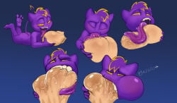 ambiguous_focus ambiguous_gender anthro ball_bite ball_lick ball_worship balls balls_focus balls_in_mouth big_balls blonde_highlights blue_background blush blush_stickers bodily_fluids body_hair body_worship cheek_bulge claws dripping duo finger_claws genital_worship genitals gradient_background gurgling_balls hairy_balls hi_res highlights_(coloring) imp kegelsart licking lidded_eyes looking_at_balls looking_at_genitalia male male/ambiguous narrowed_eyebrows oral pubes_in_mouth purple_body saliva saliva_drip saliva_on_balls sex signature simple_background solo_focus spade_tail tail toe_claws tongue yellow_sclera