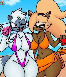 2girls beach big_breasts bikini breasts lewdtoons sega sonic_(series) sonic_the_hedgehog_(series) tangle_the_lemur thicc thick_thighs whisper_the_wolf yuri