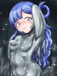 armpits asari_nanami blue_hair bodypaint facepaint hand_on_own_chest highres idolmaster idolmaster_cinderella_girls metal_skin navel petrification puffy_nipples shy silver_paint silver_skin yaneura_(yaneur)