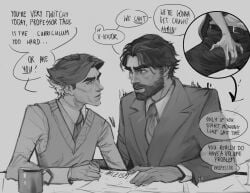 2boys 2d(artwork) arcane arcane_jayce arcane_viktor beard big_penis caught_in_the_act clothed clothed_male clothing dominant_male exhibitionism gay gay_male gay_sex grey_background handjob jayce jayce_talis league_of_legends male masturbation_through_clothing penis professor submissive_male yaoi