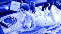 1futa 3d 4k absurdres bed big_ass big_penis blender blue_hair blue_skin casual casual_nudity fishnets foreskin futanari high_heels large_breasts laying_on_bed laying_on_stomach missyastrea music nipple_piercing overwatch self_upload solo_futa wide_hips widowmaker