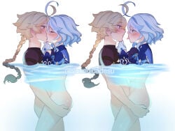 1boy 1girl aether_(genshin_impact) ahoge blonde_hair blue_eyes blue_hair blue_jacket blush braid breasts commentary drop-shaped_pupils english_commentary furina_(genshin_impact) genshin_impact gloves hair_between_eyes highres jacket jewelry kiss long_hair multicolored_hair open_mouth saliva saliva_trail sex shirt streaked_hair symbol-shaped_pupils tongue tongue_out underwater_sex vaginal white_hair yellow_eyes yuushiba