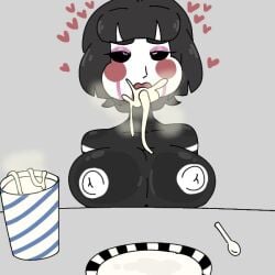 black_body black_hair breasts cum_in_mouth cum_on_mouth female five_nights_at_freddy's five_nights_at_freddy's_2 fnaf heart_symbol hyper hyper_sperm looking_down marionette_(fnaf) milkbuni plate puppet_(fnaf) puppet_(thepuppetlover) red_lips red_lipstick steamy stripes white_face