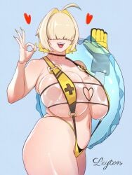 ahoge areola_slip artist_name black_choker blonde_hair blue_background breast_press breasts choker cleavage clothing_cutout covered_eyes elegg_(boom_and_shock)_(nikke) elegg_(nikke) female fingernails from_side gloves goddess_of_victory:_nikke hair_intakes hair_over_eyes heart heart_cutout holding holding_swim_ring huge_breasts innertube leyton leyton_oekaki lips long_fingernails oerba_yun_fang ok_sign open_mouth plump short_hair signature single_glove skindentation slingshot_swimsuit smile solo standing swim_ring swimsuit yellow_gloves yellow_nails yellow_slingshot_swimsuit