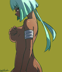 1girls 2015 2d akairiot armband artist_name artist_signature ass breasts covering_breasts dark-skinned_female dark_skin emerald_sustrai female female_only green_background green_hair hair_over_mouth hairlocs looking_at_viewer medium_breasts no_sex realistic_breast_size realistic_proportions red_eyes rwby simple_background solo solo_female standing teenage_girl teenager twintails