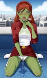 ai_generated alien_girl ass belt bigmic145 breasts cumming dc dc_comics female fingering green_skin hairband jacket masturbation miss_martian panties red_hair remote_control_vibrator sex_toy sexually_suggestive skirt squirting t-shirt upskirt vibrator wet wet_panties wet_pussy young_justice