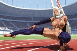 1girls ai_generated areolae bakedcookie breasts bridal_gauntlets bunny_ears dark_skin dark_skinned_female exhibitionism female fur_collar highres large_areolae large_breasts leg_lift mirko muscular muscular_female my_hero_academia outdoor_nudity outdoors pussy racing_track rumi_usagiyama smile smiling sole_female stirrup_legwear stretching sweat sweatdrop thighhighs toeless_legwear uncensored