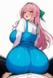 ai ai_art ai_assisted ai_generated ass_bigger_than_head blush female green_bow green_eyes horny horny_female lol male penis pink_hair sitting_on_lap sitting_on_penis sitting_on_person