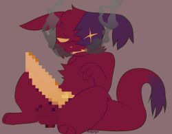 annoyed artienvy artificer_(rain_world) balls censored censored_balls censored_genitalia censored_penis cross-popping_vein ears_down eye_scar facial_scar feral frown fur genitals hand_behind_back hi_res looking_at_genitalia male penis pivoted_ears purple_scar rain_world raised_arm red_body red_fur red_tail scar scowl sitting slugcat smoke smoke_from_mouth solo tail tail_tuft torn_ear tuft videocult yellow_eyes yellow_penis