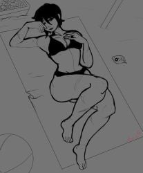 1girls 2d 2d_(artwork) asian asian_female batgirl batgirl_(cassandra_cain) batman_(series) beach big_breasts bikini black_bikini black_hair black_hair_female breasts cassandra_cain clothed clothed_female dc dc_comics female female_focus female_only laying_on_back light-skinned_female light_skin looking_at_viewer pin-up short_hair short_hair_female solo solo_female solo_focus thirstyradio666 towel