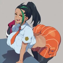 ai_generated ass bent_over big_ass black_hair blush breasts female goghkunn hair_pulled_back huge_ass long_hair looking_at_viewer necktie nemona_(pokemon) orange_eyes pants pocket pokemon pokemon_sv ponytail smile solo uniform