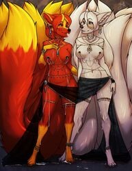 anklet breasts canine ear_piercing female fox furry half-dressed jewelry kaylii krinele lactation mammal molly_fullin multiple_tails necklace piercing see-through siblings sisters standing tongue tongue_out topless translucent