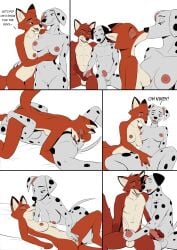 101_dalmatians 69_position absurd_res anthro anthro_on_anthro anthrofied ass balls bisexual black_nose bodily_fluids breasts canid canine canis comic cum cumshot cunnilingus dalmatian dialogue disney domestic_dog ejaculation english_text erection female female/female finger_fuck fingering fox fur genital_fluids genitals group handjob hi_res kingdorkster kissing male male/male mammal markings masturbation navel nipples nude nude_anthro nude_female nude_male oral partner_swap penile penile_masturbation penis perdita pongo pussy red_body red_fox red_fur sex spots spotted_body spotted_fur text the_fox_and_the_hound tod_(tfath) true_fox vaginal_penetration vixey_(tfath) vulva white_body white_fur