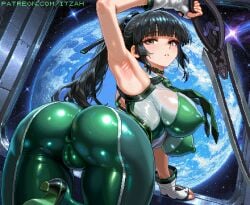 ai_generated asian asian_female back_view backboob bare_thighs big_ass big_butt black_hair bodysuit breasts brown_eyes cameltoe erect_nipples erect_nipples_under_clothes eve_(stellar_blade) fat_ass female huge_breasts huge_thighs itzah light-skinned_female light_skin long_hair looking_back pixel_art ponytail puffy_pussy pussy pussy_visible_through_clothes smiling solo_female stellar_blade sword thick_thighs thighs voluptuous voluptuous_female weapon
