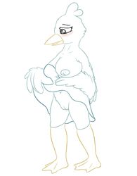 anthro ass avian beak bird blue_fur blush bottomless breasts chest_tuft clothed clothing dress duck ducklett erect_nipples feathers female fluffy fur grey_eyes half-dressed head_tuft navel nintendo nipples nude open_mouth pokemon posexe presenting presenting_hindquarters pussy revealing showing simple_background smile solo solo_focus tuft video_games white_background wings