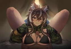1boy animal_ear_fluff animal_ears armband black_bra bra brown_eyes brown_hair callisto_(greyeth) choker commission denim denim_shorts difman dog_tags erection female fox_ears fox_girl legs looking_at_viewer lying male multicolored_hair on_back on_stomach original paizuri penis shorts streaked_hair underwear yellow_armband