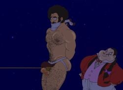 2boys afro arms_behind_back ass black_hair body_hair chest_hair dragon_ball dragon_ball_z fully_clothed fully_clothed_male gaggedprince hairy_male human human_only jockstrap jockstrap_only kidnapped leg_hair looking_worried male male_only mr._satan muscular muscular_male night rope_around_balls rope_bondage sock_gagged socks stars sweatdrop