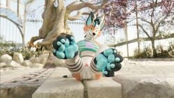 3d_(artwork) absurd_res anthro digital_media_(artwork) femboy genitals half-erect hi_res horn lagomorph male mammal paws penis plant sany_van_fox sanythefox solo tree wings wolpertinger