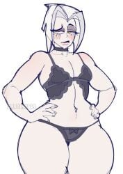 1girls bottom_heavy bow_bra bow_panties flat_chest flat_chested fleshpie669 hazbin_hotel huge_thighs lace lace-trimmed_bra lace_trim lingerie lingerie_bra lingerie_only lute_(hazbin_hotel) massive_thighs pinup thick_legs thick_thighs thunder_thighs thunderthighs wide_hips wide_thighs