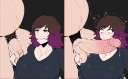 big_breasts big_penis blue_eyes breasts colored_hair erection fat_man female getting_erect goth_girl hearts_around_head horu huge_breasts huge_penis male motion_lines non-web_source original penis penis_awe shock smiling uncensored