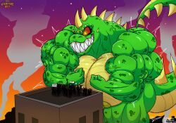 2024 anthro areola artist_name big_breasts big_muscles breasts dated dinosaur female green_body green_scales group hi_res huge_breasts huge_muscles human hyper hyper_breasts hyper_muscles kaiju lizzie_(rampage) macro mammal muscles muscular muscular_anthro muscular_female nipples prehistoric_species rampage_(game) rampageguy red_sclera reptile scales scalie sharp_teeth spikes spikes_(anatomy) tail teeth text yellow_eyes