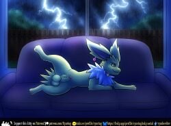 absurd_res animal_genitalia animal_penis balls canine_genitalia canine_penis cloud digital_media_(artwork) eeveelution electricity fan_character fence feral fur furniture generation_1_pokemon genitals grass hi_res inside jolteon lightning lightning_bolt looking_at_viewer lying lying_on_sofa male mammal nintendo on_side on_sofa penis plant pokemon pokemon_(species) presenting presenting_balls presenting_penis raining rymherdier shaded smile sofa soft_shading solo water window yellow_body yellow_fur