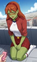 ai_generated alien_girl ass belt bigmic145 breasts dc dc_comics female green_skin hairband jacket miss_martian red_hair remote_control_vibrator sex_toy sexually_suggestive skirt t-shirt vibrator young_justice